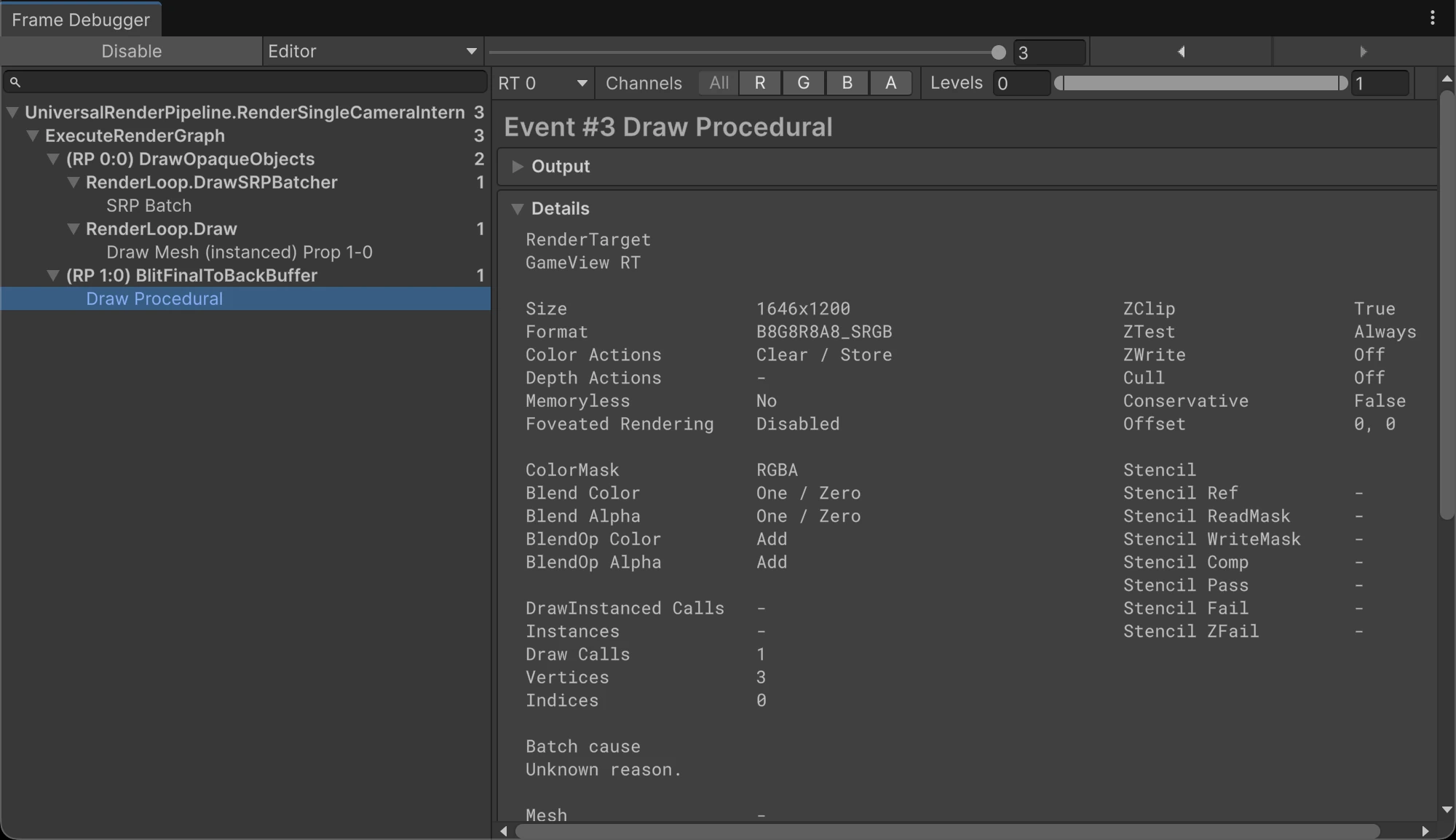 Frame Debugger events from the demonstration scene before the occlusion bake. Opaque geometry, an instanced draw and the final blit appear as distinct parts of the frame.