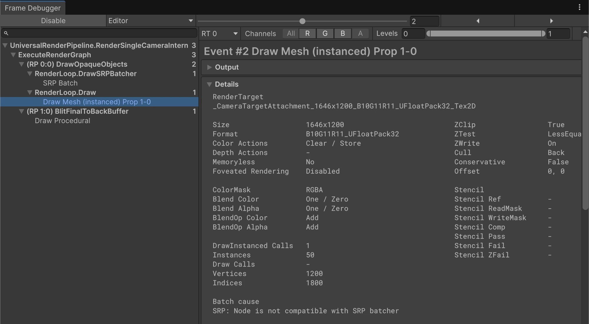 Frame Debugger reports Draw Mesh (instanced), one DrawInstanced call and 50 instances for the demonstration cubes. Batch cause reports that this node is not compatible with SRP Batcher.