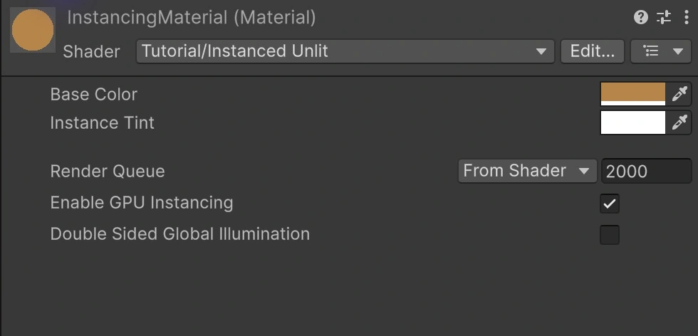 The demonstration's custom Tutorial/Instanced Unlit material has Enable GPU Instancing checked. Its shader was written to support this experiment; the checkbox is preparation, not evidence of an instanced draw.