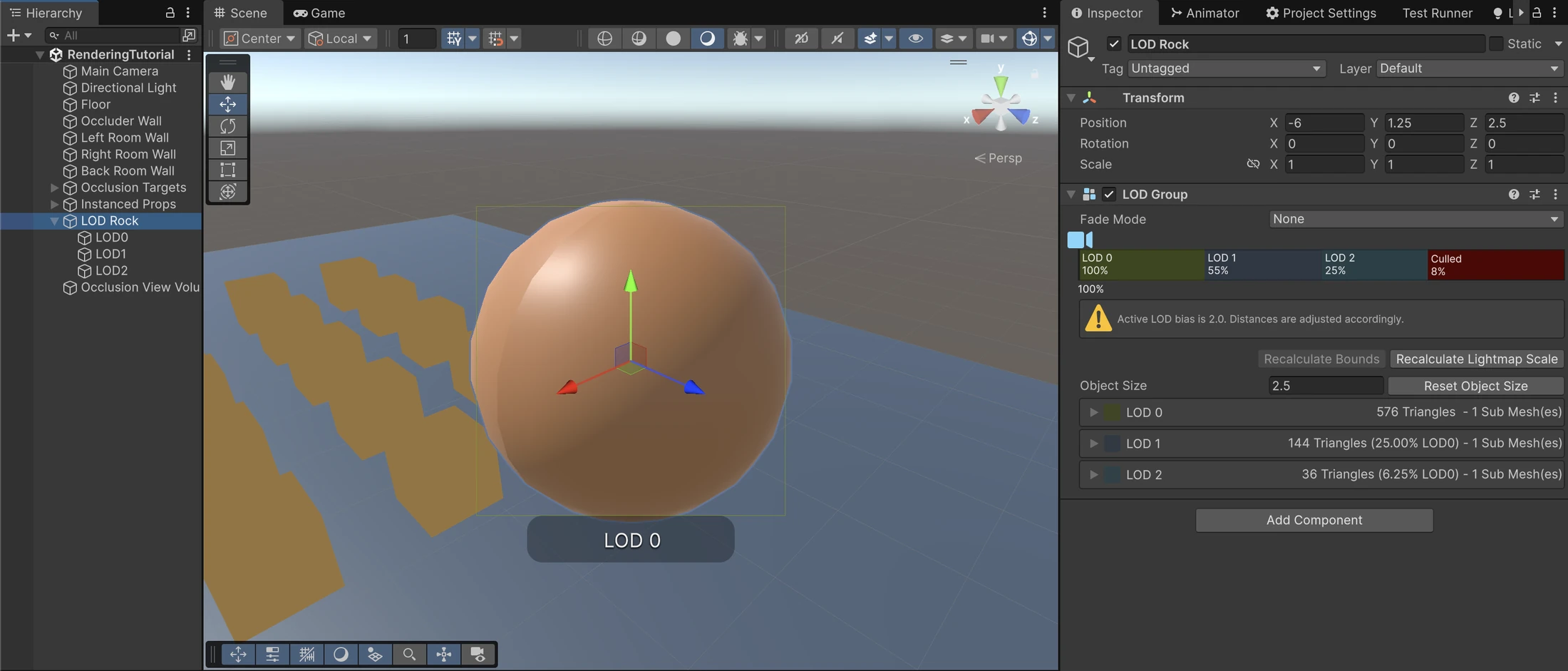 The LOD Rock root contains LOD0, LOD1 and LOD2. Their configured meshes contain 576, 144 and 36 triangles respectively; the Inspector reports the reduction between levels.