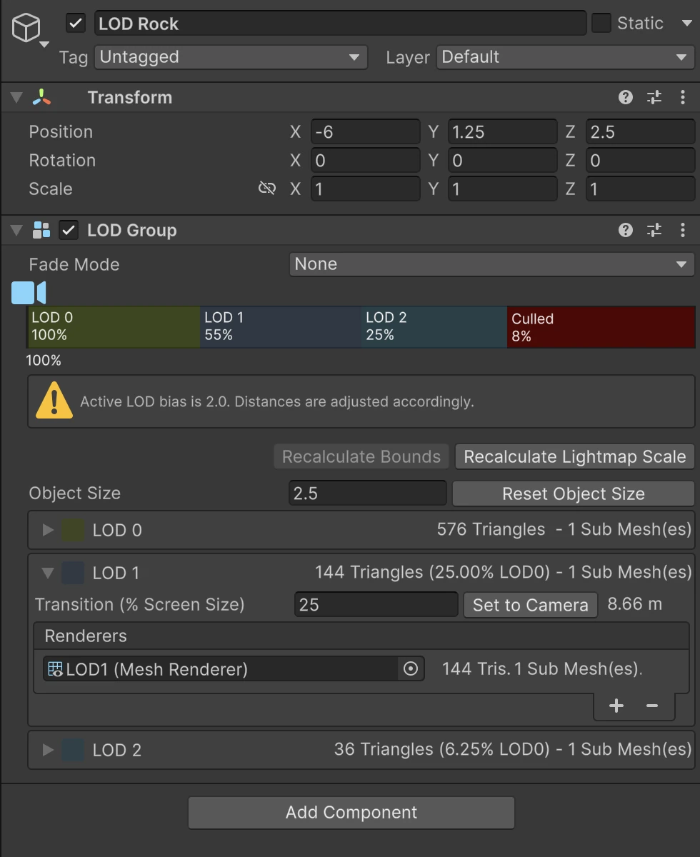 LOD1 contains one assigned Mesh Renderer and has a transition threshold of 25% in this example. The warning below the transition bar reports that the captured LOD Bias is not 1.