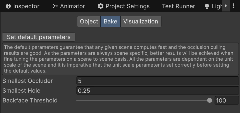 The demonstration bake starts with Smallest Occluder 5, Smallest Hole 0.25 and Backface Threshold 100. These are scene-scale inputs, not universal recommended values.