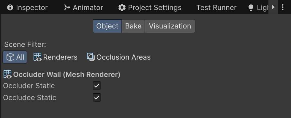 The selected Occluder Wall has both Occluder Static and Occludee Static enabled in the native Occlusion Culling window's Object tab.