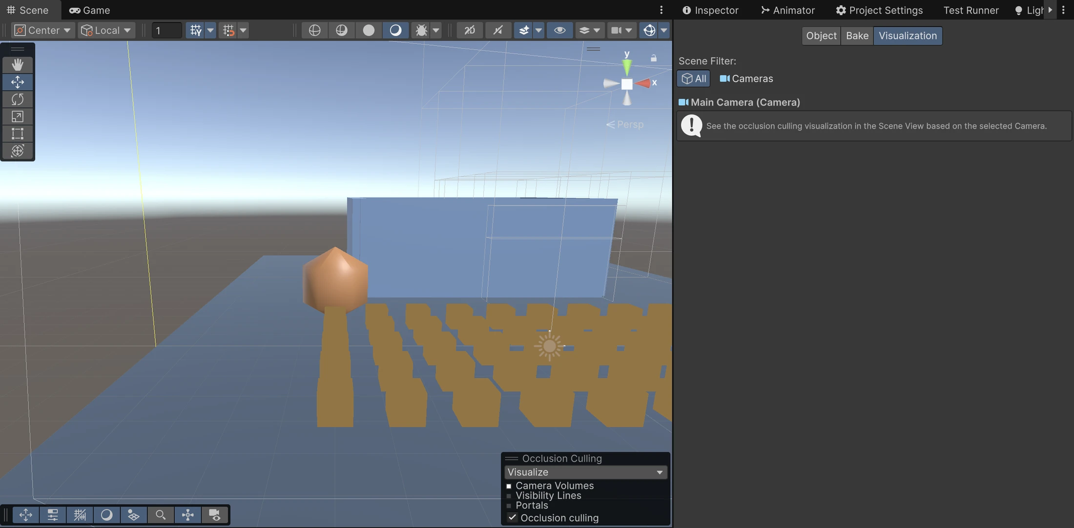 Visualization is active with Main Camera selected, the Scene View occlusion control enabled and a completed bake reporting 3.4 KB of data. This screenshot demonstrates the inspection setup, not a measured reduction in frame time.