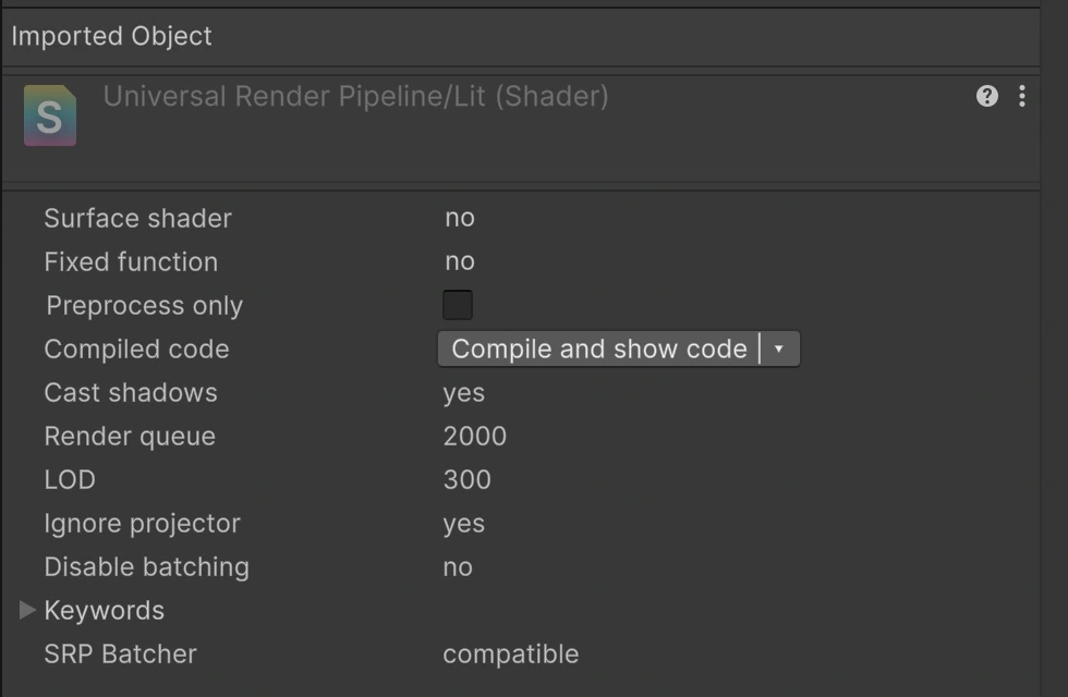 Unity's imported URP Lit shader Inspector exposes keywords, compiled-code access and SRP Batcher compatibility. The shader's LOD field is separate from a scene object's LODGroup.