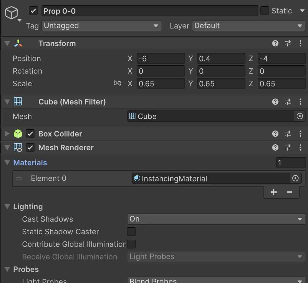Prop 0-0 uses the Cube mesh and the shared InstancingMaterial. This is a dynamic MeshRenderer, not a SkinnedMeshRenderer or a statically batched prop.