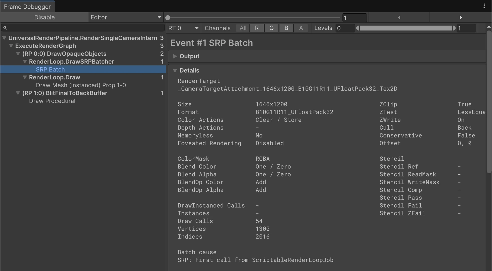 A single SRP Batch event contains 54 Draw Calls in this Edit Mode capture. SRP Batcher organizes submission work; this event is not one merged draw.