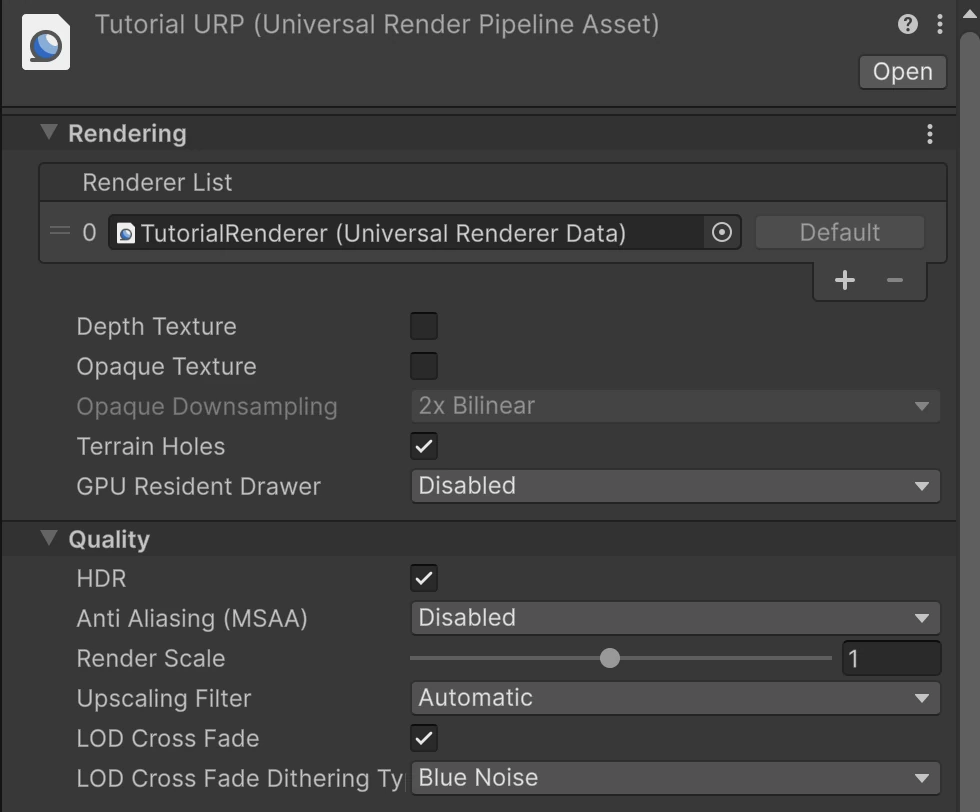 The URP asset has LOD Cross Fade enabled. The demonstration LODGroup itself uses ordinary level switching; this screenshot identifies the pipeline control, not a measured cross-fade result.