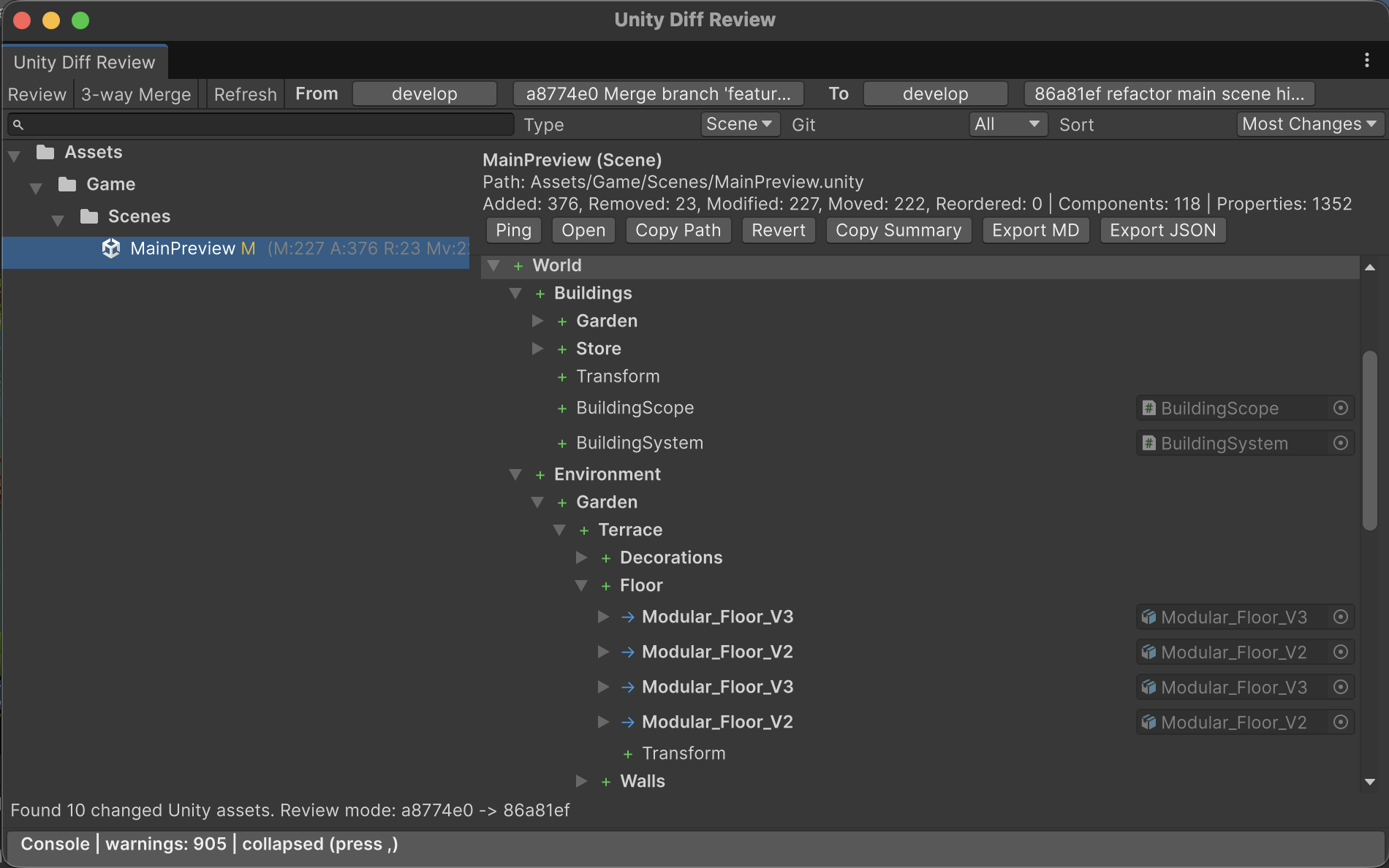 Hierarchy-first diff preview