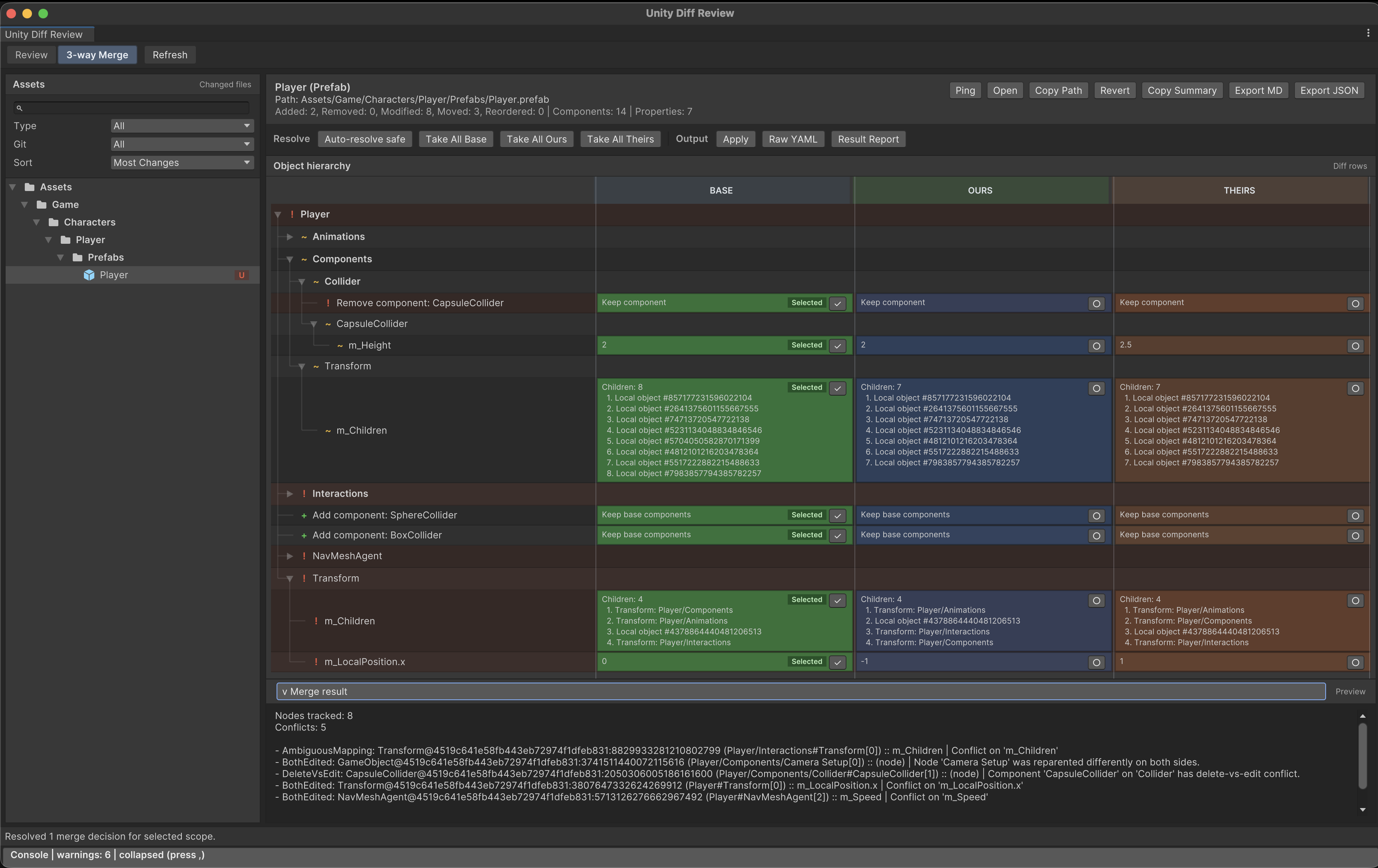 MergeSight semantic Unity asset review interface