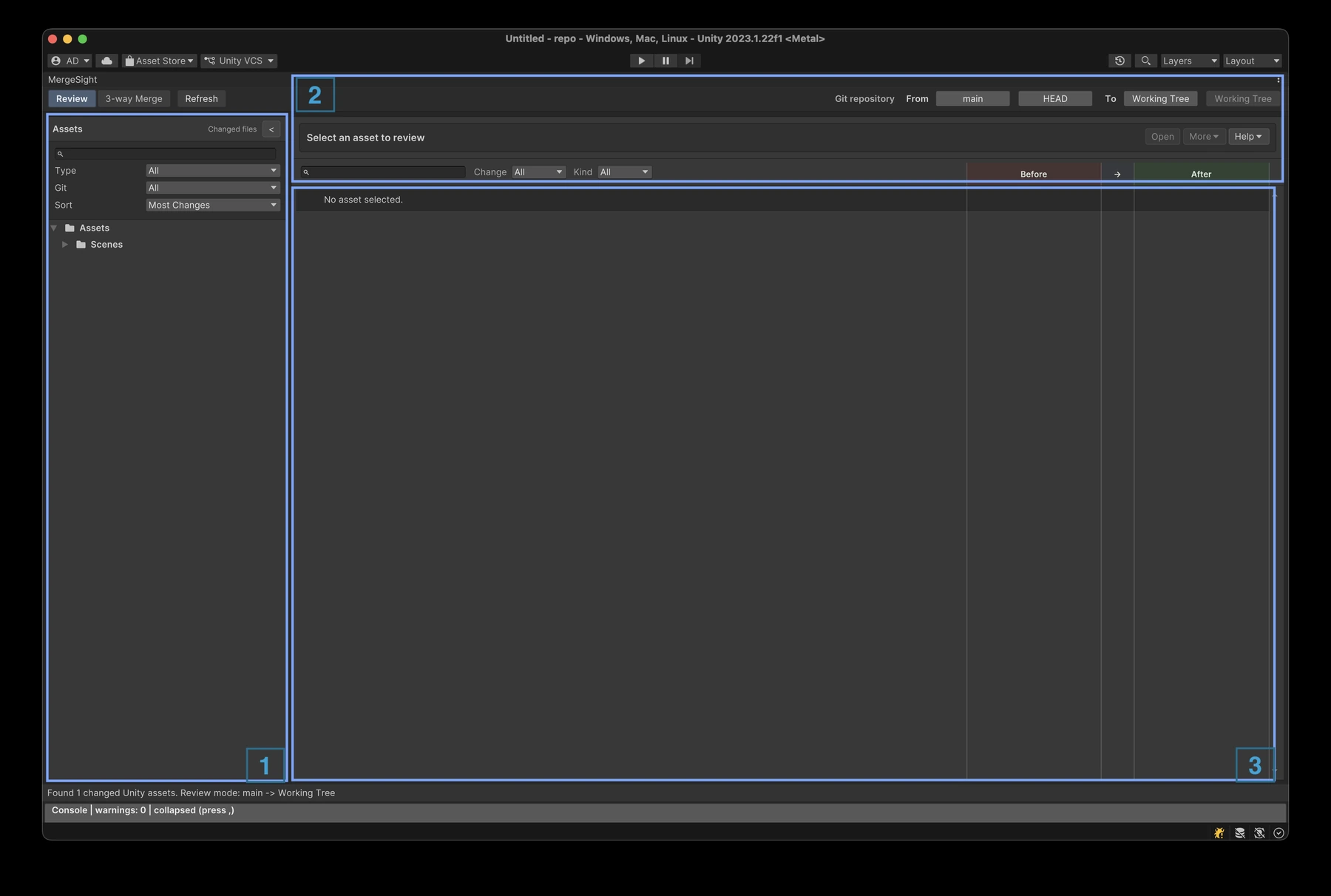 MergeSight Review Mode with highlighted asset list, comparison controls, and semantic details