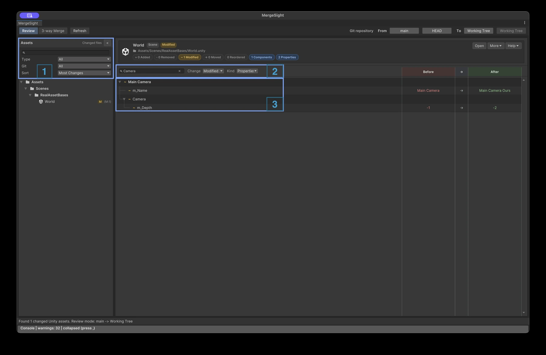 MergeSight filters highlighted in the asset list and semantic toolbar