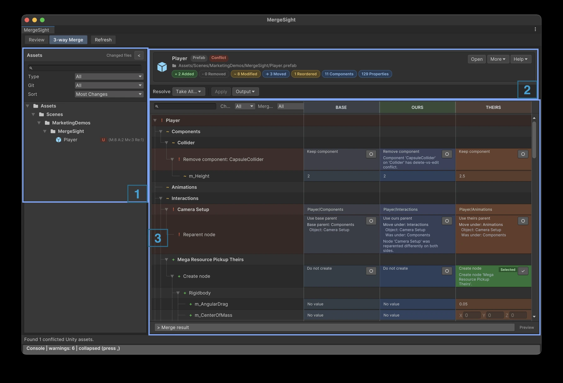 MergeSight 3-way Merge with highlighted conflicted asset, actions, and BASE OURS THEIRS rows