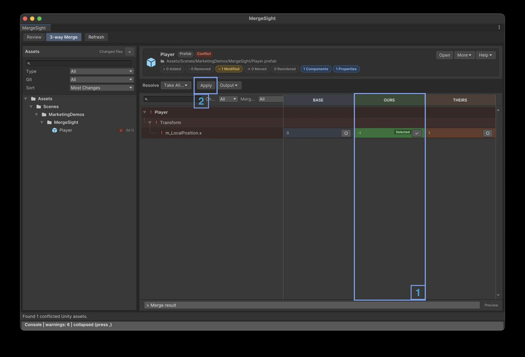 Resolved merge property with selected green slot and Apply control