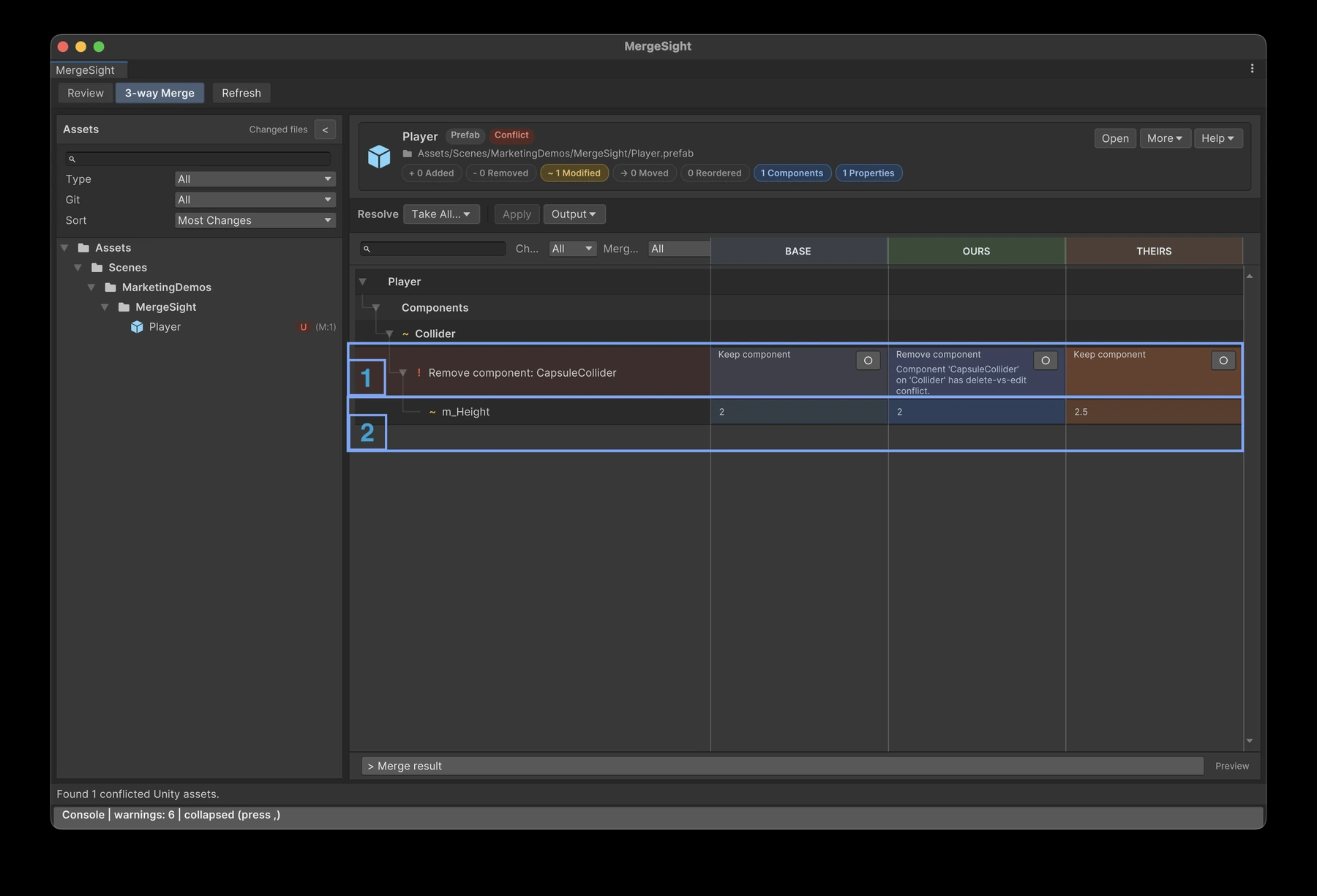 Delete versus edit component conflict highlighted in MergeSight