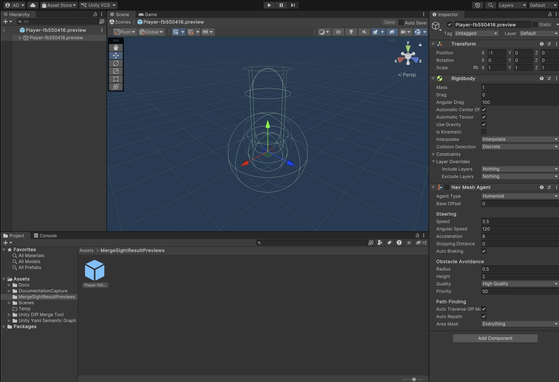 Merged result preview open in Unity with highlighted viewport, Inspector, and project context